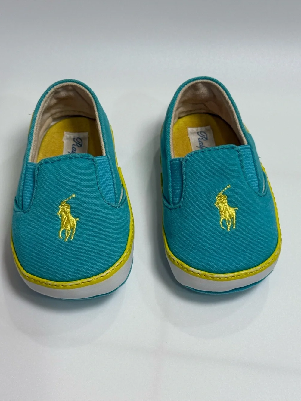Polo by Ralph Lauren Teal Canvas Slip-On Sneakers with Yellow Logo Size 2 infant